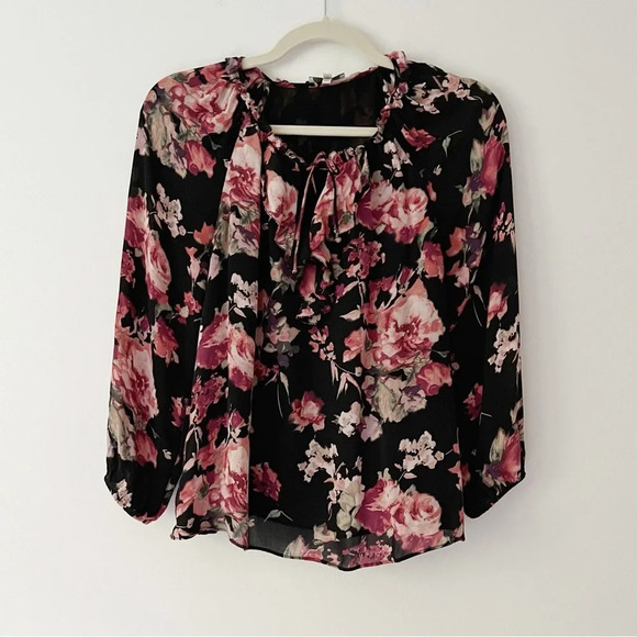 Joie 100% Silk Floral Print Blouse in Black Pink and Cream Size XXS Boho - Picture 2 of 6